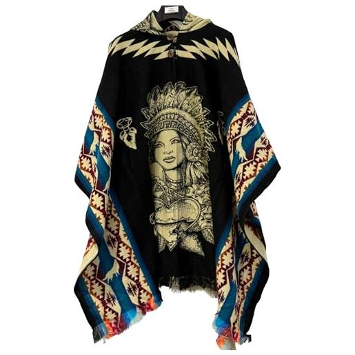 Gamboa poncho messicano in lana di alpaca con cappuccio per uomo con cappuccio pancho mens western con cappuccio serape, blu india, taglia unica