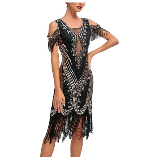 Generisch abito da festa anni '20, lungo al ginocchio, con nappa, abito da cocktail con paillettes e accessori anni '20, colore rosso, gold, m