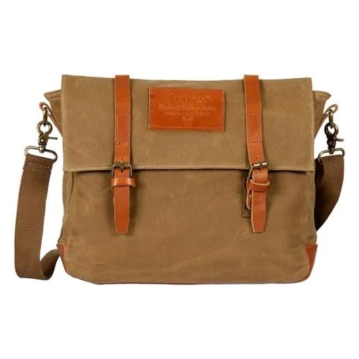 Avirex, messenger camp, in tela cerata con pelle, impermeabile. Stile vintage. Borsa con tracolla regolabile. Tasca imbottita per tablet. Colore beige desert (beige desert)