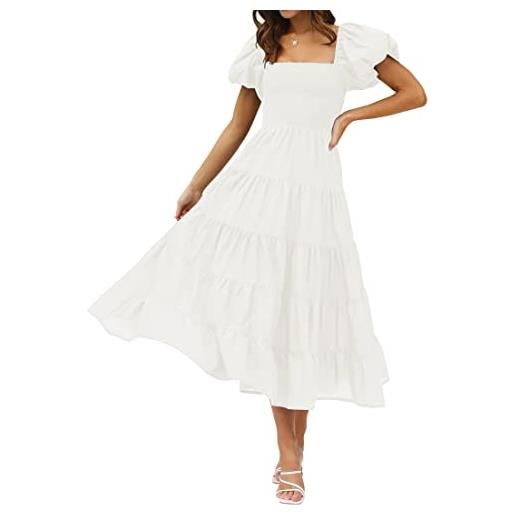 ZESICA abito longuette da donna estivo con scollo quadrato e maniche a sbuffo a tinta unita a vita alta casual con punto smock fluido a strati, bianco, s