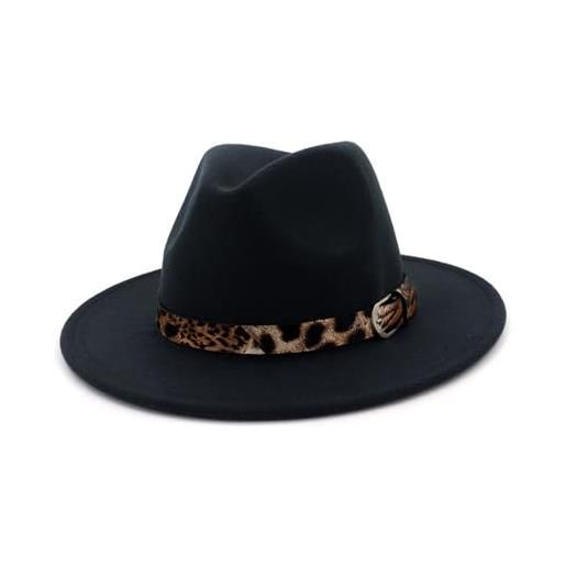 QUUPY cappelli di panama delle donne a tesa larga feltro fedora cappelli con fibbia della cintura del leopardo