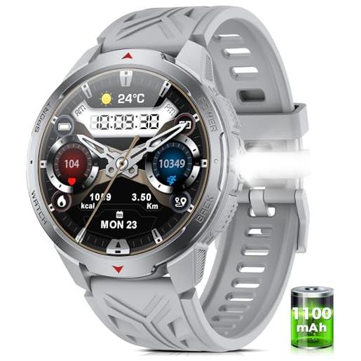 BOALZETD smartwatch uomo - 1100mah/30 giorni batteria lunga durata, 1,7'' orologio smartwatch militare con torcia/bussola/impermeabile 3atm/cardiofrequenzimetro/spo2/sonno per android ios, grigio argento
