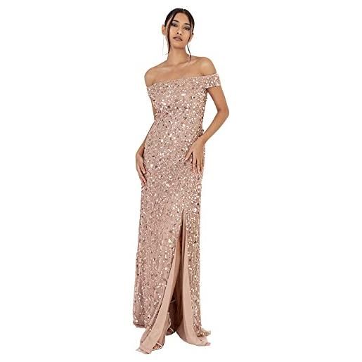 Maya Deluxe ladies maxi dress with slit split bardot sleevless sequin embellishment evening gown for wedding guest bridesmaid prom, vestiti da donna, taupe blush, 