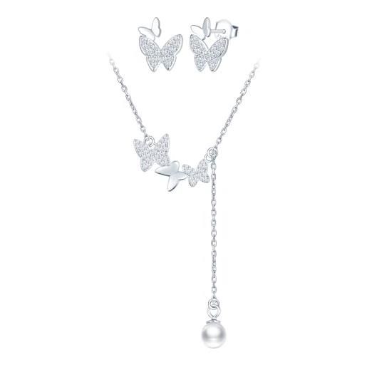 Set Collana E Orecchini A Bottone Argento 925 Con Farfalle - Gioielli Artigianali Donna