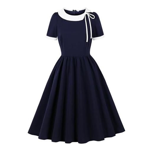 Wellwits abito da cocktail elegante da donna, con fiocco e colletto, marina militare, l