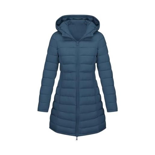 Lovraj cappotto trapuntato, da donna, invernale, lungo, trapuntato, con cappuccio, leggero, tinta unita, reversibile, con chiusura lampo, blu marino, s