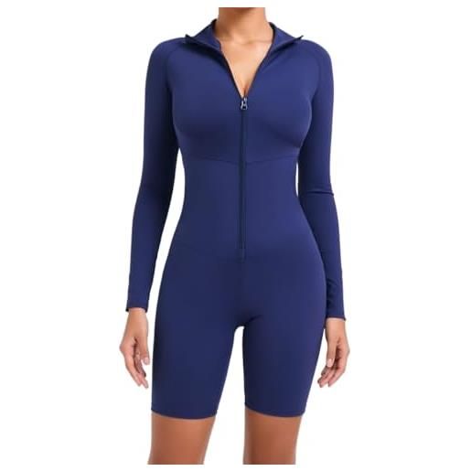 DSAoTeng tuta da donna a maniche lunghe con cerniera e pantaloncini aderenti per controllo della pancia, snellente, monopezzo per fitness e sport, marina militare, m