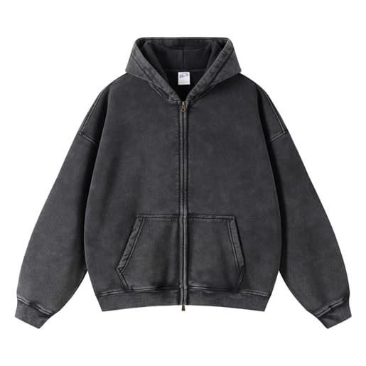 HOTIAN felpa da uomo, oversize, in pile, vintage, con cappuccio, con chiusura lampo, streetwear, viola scuro, l