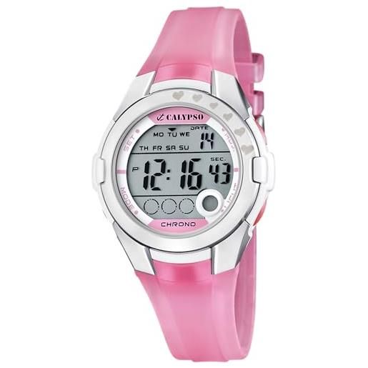 Calypso orologio digitale bambino bambina - caucciù rosa - impermeabile 10 atm - data calendario cronografo doppio orario luce allarme 12/24h - k5571/2
