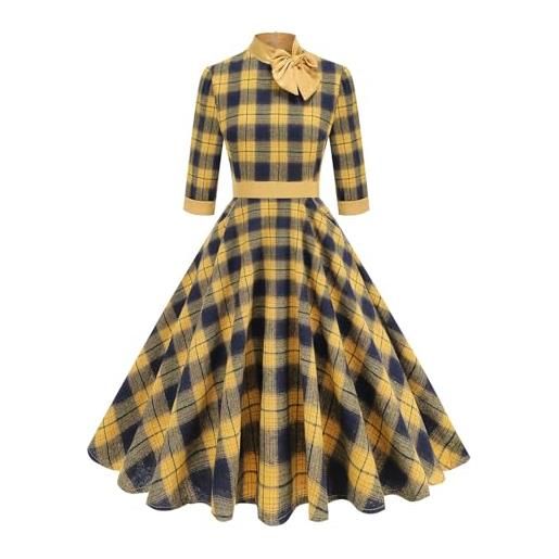 Vhersily 2026 vestito anni 50 donna con scollo revers maniche corte vita cinturata media lunghezza gonna a linea in tessuto scozzese retrò elegante per uso quotidiano e ufficio