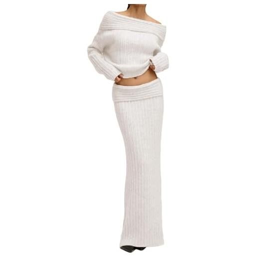 LLECDASEUI set di gonne donna completi 2 pezzi fuori spalla maglione a maniche lunghe gonna maxi bodycon maglia autunnale set di maglioni (m, bianco)