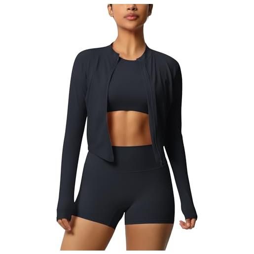 IDOPIP set sportivo da donna, 3 pezzi, con giacca sportiva: giacca da corsa + leggings corti + canotta a maniche corte con reggiseno - abbigliamento sportivo per sport, fitness, yoga e pilates, nero