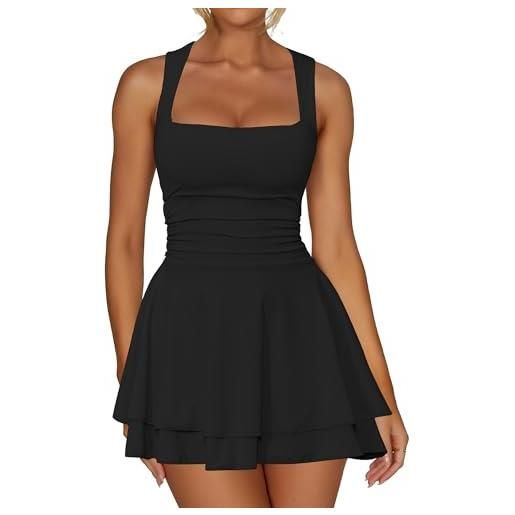 Kaximil mini abito da donna con scollo quadrato e orlo arricciato in vita abiti da festa corti, giallo, xs