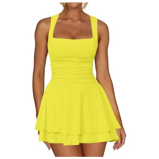 Kaximil - abito da donna con scollo quadrato, orlo increspato, mini abito da festa a vita sagomata, giallo, xs