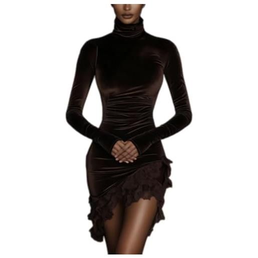 Generic mini abito da donna in velluto, elegante dolcevita con orlo in pizzo, abito aderente asimmetrico con volant vintage, marrone, s