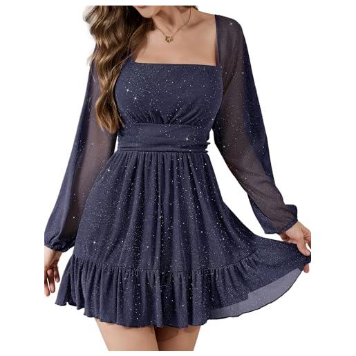 Bridesmay abito da donna a maniche lunghe con scollo quadrato e taglio svasato, casual, da festa, con orlo a volant, marina militare, xxl