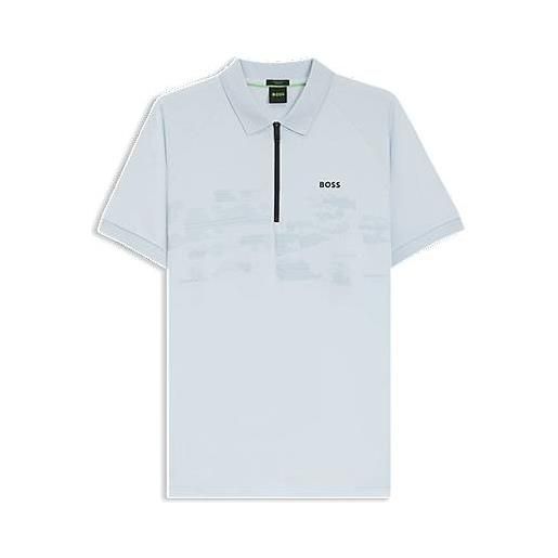 BOSS polo in misto cotone con zip e grafica riflettente, celeste