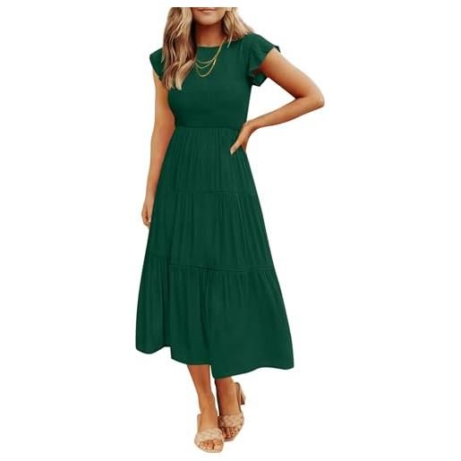 ZESICA, abito longuette estivo da donna, casual, a maniche corte, girocollo, a grembiule, con elastico in vita, verde scuro, l