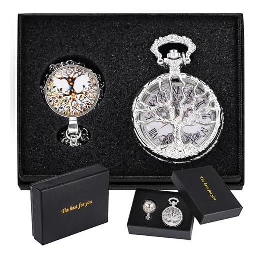 Tiong Orologio da tasca con design a stella blu con numeri romani, orologio da tasca al quarzo con catena, regalo di Natale e compleanno per uomini e donne, Argento e nero, Retrò