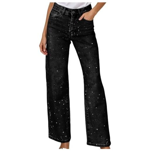 Generic jeans con glitter da donna con paillettes in denim, pantaloni larghi, gamba dritta, pantaloni per feste, lucidi, per il tempo libero, eleganti, a vita alta, dritta, con brillantini, per adolescenti