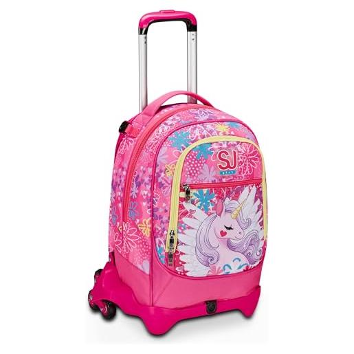 Seven sj gang trolley scuola jack 3 ruote, rosa, unicorn led, 3 in 1, triplo uso, zaino con carrello sganciabile, tasca porta borraccia e crossover system, zaino scuola elementare, zaino bambina