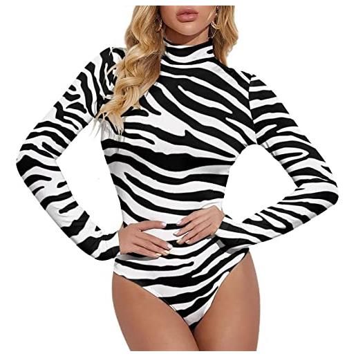 Lurhonp tuta da donna a maniche lunghe con collo alto e stampa zebrata, nero, small