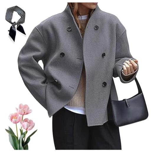 FJZFXKZL trench corto da donna, giacche corte con collo alto, cappotto doppiopetto casual in mescolare lana con bottoni, soprabito invernale(grey, s)