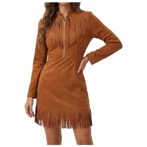 Generisch abito da cowgirl da donna in pelle scamosciata, stile vintage, abito da cowboy, con mezza zip, con nappa, a maniche lunghe, stile retrò, marrone, l