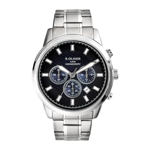 s.Oliver Orologio da uomo cronografo analogico, con cinturino in pelle, nero, resistente all'acqua fino a 5 bar, fornito in scatola regalo, 2033495