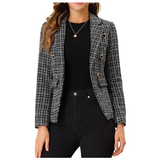 Allegra K elegante plaid manica lunga risvolto aperto davanti tweed blazer cappotto da donna, nero, small