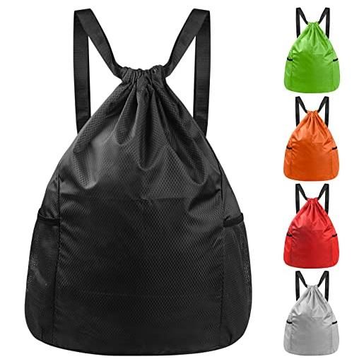 HexinYigjly sacca de sportiva con coulisse, sacca sportiva palestra, borsa coulisse impermeabile, zaino palestra per piscina viaggio yoga, bambina ragazzo - nero