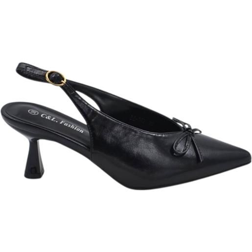 Malu Shoes decollete donna a punta nera in vernice lucida slingback con scollo a v e fiocco tacco a clessidra 6 cm