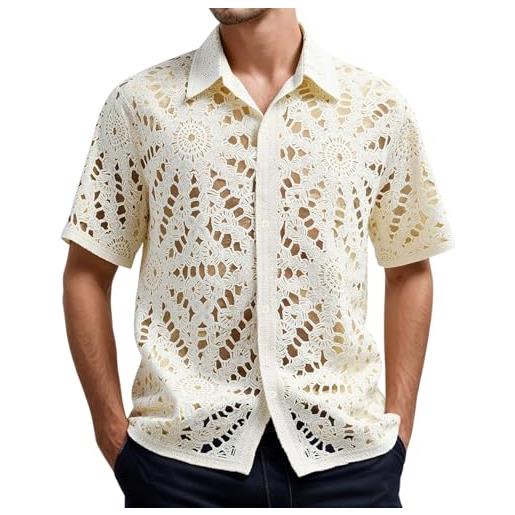 Duohropke camicia a maniche corte da uomo a maniche corte crochet cardigan rever camicia casual con abbottonatura a bottoni, camicia da spiaggia estiva, beige. , m