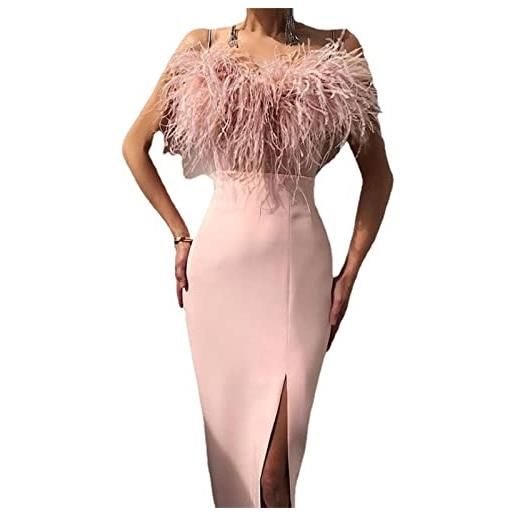 EACH WOMEN abito aderente con spacco elegante abito a tubino longuette senza spalline in piuma con spalle scoperte abito a tubino da compleanno sexy da donna