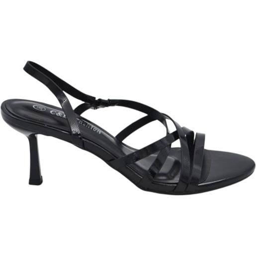Malu Shoes sandalo donna in vernice nera con fascette sottili incrociate e tacco sottile 7 cm chiusura regolabile caviglia