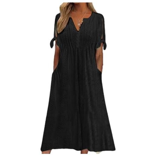 Abito Estivo Donna Elescat | Prendisole Bohémien Con Scollo A V E Tasche | Morbido E Fluido | Nero Taglia M