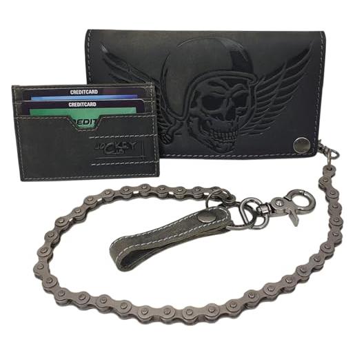 Portafoglio Uomo Vera Pelle Biker – Stile Biker, Trifold, Con Portachiavi E Catena Di Sicurezza