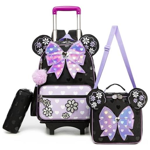 HTgroce zaino trolley scuola elementare bambina (motivo fiocco) - set 3 pezzi con borsa astuccio - zainetto con ruote e carrello staccabile (ergonomico)