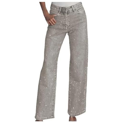 Meaunzyl jeans donna vita alta, con glitter baggy pantaloni denim con strass elasticizzati larghi jeans con brillantini vintage pantalone comodi gamba larga jeans trousers con tasche moda 2026 primavera