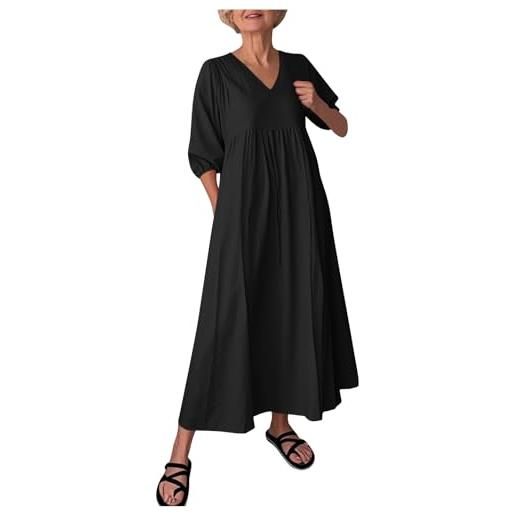 FGVFCS abiti da donna in cotone e lino, taglie forti, abito midi con maniche a 3/4, con tasche, scollo a v, abiti larghi da donna, eleganti abiti da festa, vacanze, spiaggia, prendisole, lavoro