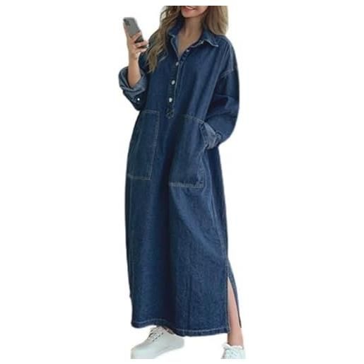 LIUYUYOUGO vestiti estivi donna maxi abiti in denim per donna manica lunga giacca lunga classica in jeans taglie forti abiti in denim larghi con bottoni blu abito caftano alla moda con spacchi later