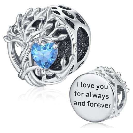 Friggem charm albero della vita, charms bleu saphir clair albero genealogico in argento sterling 925 adatto per perline pandora ciondolo bracciali europei, regali per donne ragazze