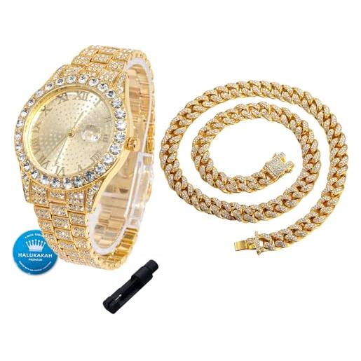 HALUKAKAH orologio con diamanti in oro per ragazzi, adolescenti, bambini - placcato in oro 18k, quadrante rotondo 42mm, quarzo giapponese - lunghezza 20cm, con catena cubana 40cm e strumento regolatore