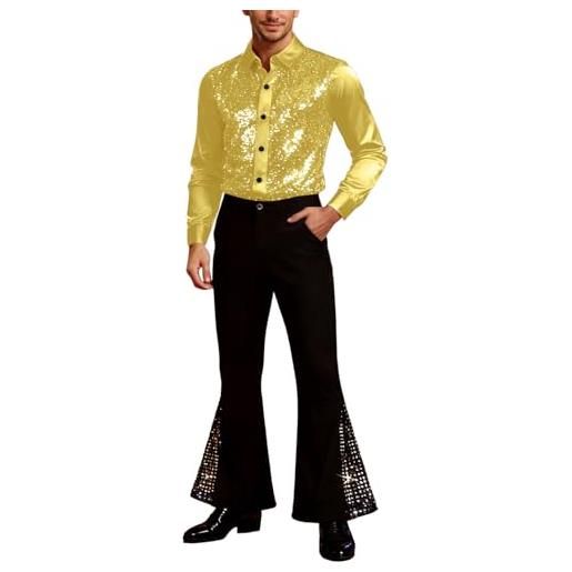 Generico costume disco uomo abbigliamento uomo anni 70 vestito outfit da discoteca per carnevale disco party camicia vintage e pantaloni a zampa con pailettes abbigliamento da ballo latino