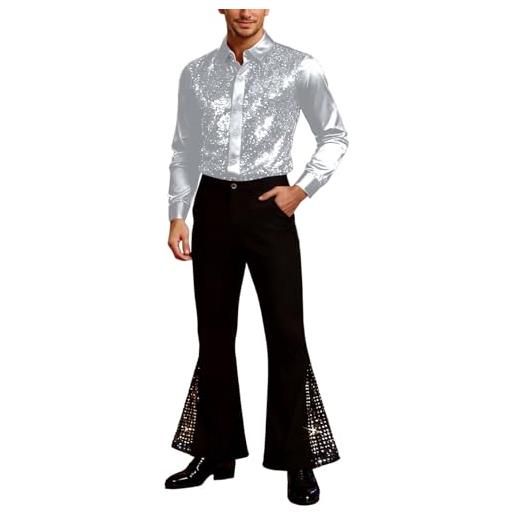Generico costume disco uomo abbigliamento uomo anni 70 vestito outfit da discoteca per carnevale disco party camicia vintage e pantaloni a zampa con pailettes abbigliamento da ballo latino