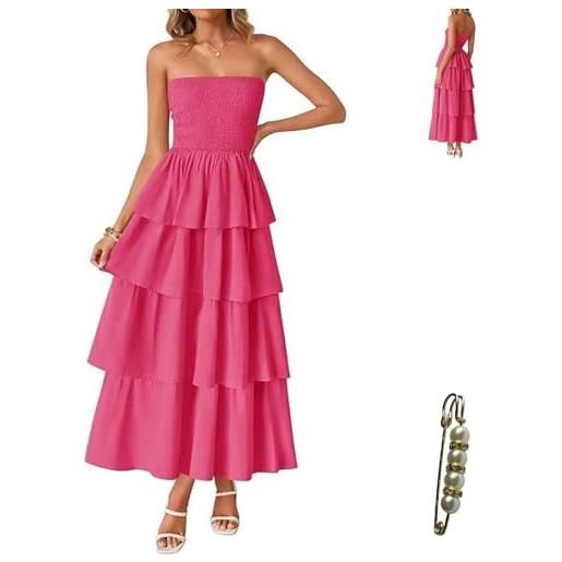 Yazinie maxi abito estivo da donna boho senza spalline con punto smock busto 2025 a vita alta a strati lungo prendisole abito formale con elastico superiore, rosso rosato, xl