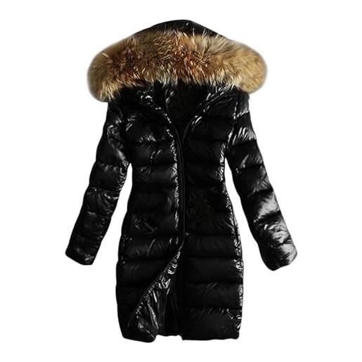 Duohropke piumino invernale da donna, caldo, lungo cappotto invernale con cappuccio, piumino, con colletto in pelliccia, lucido, invernale, parka con cerniera, per attività all'aria aperta, con