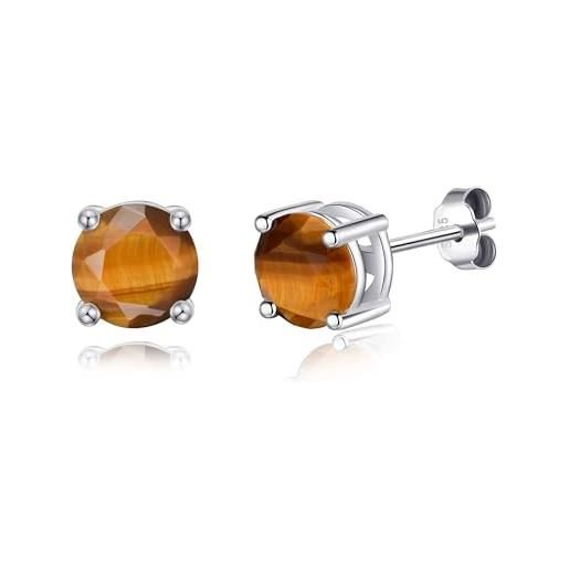 Orecchini In Argento 925 Con Occhio Di Tigre – Gemma Naturale Rotonda 6mm, Chiusura A Farfalla, Ipoallergenici
