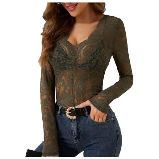 AIEOE tops pizzo top motivo floreali per donne sexy maniche lunghe velate donna scollo a v taglia xl verde