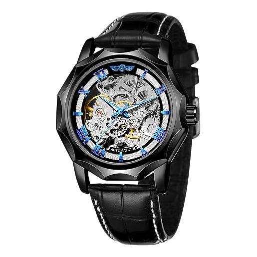FORSINING Orologio Uomo Automatico Scheletro – Cassa Dodecagono, Numeri Romani, Cinturino In Vera Pelle, Impermeabile 30m
